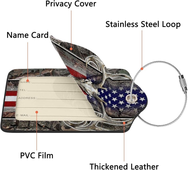GACCAP 2 Pack Luggage Tags for Suitcase, Privacy Cover ID Label with Stainless Steel and Address Card for Travel Bag Backpack Cruise Ship Tag Women Men - Camo Deer Skull Americang Flag Camouflage - Image 3